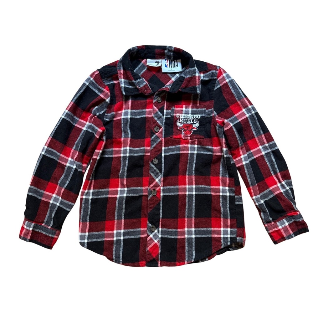 Cotton On Kids NBA Chicago Bulls Flannel Shirt Boys Red‎ Black Plaid SIZE 7